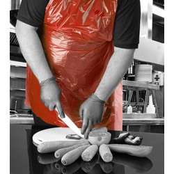 Standard length PE Disposable red aprons on a roll